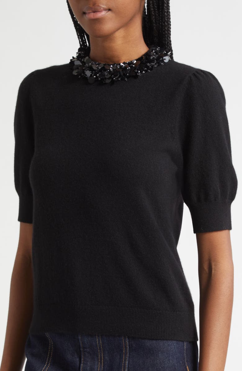 Ulla Johnson Crystal Collar Short Sleeve Cashmere Sweater, Alternate, color, Noir