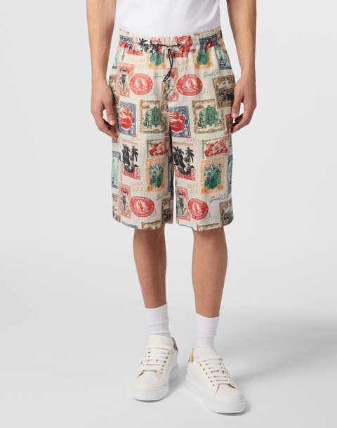 Printed Linen Shorts Stamps Men