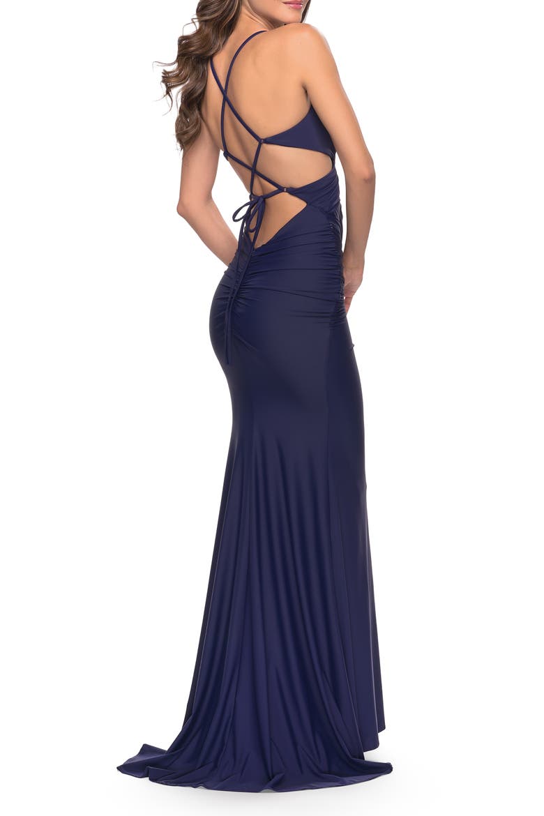 Cut Out Long Soft Jersey Dress with Criss Cross Bodice, Alternate, color, Navy