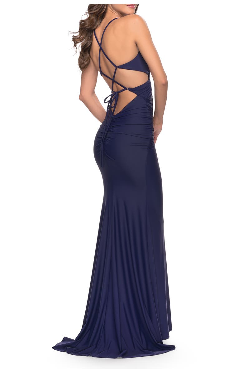 La Femme Cut Out Long Soft Jersey Dress with Criss Cross Bodice, Alternate, color, Navy