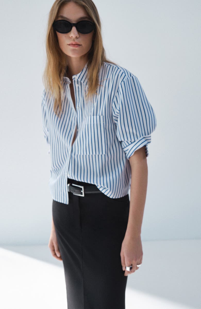 MANGO Stripe Crop Button-Up Shirt, Alternate, color, Sky Blue