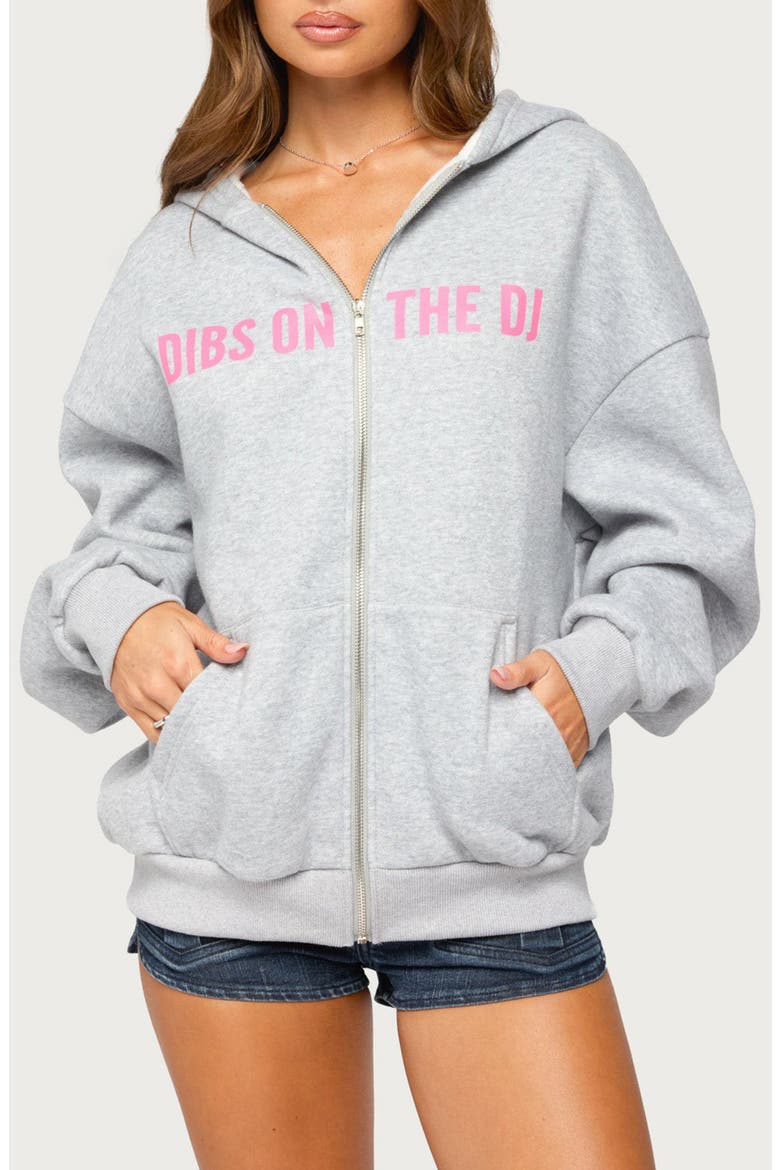 DJ Lover Graphic Full Zip Oversized Hoodie, Main, color, GRAY-MELANGE