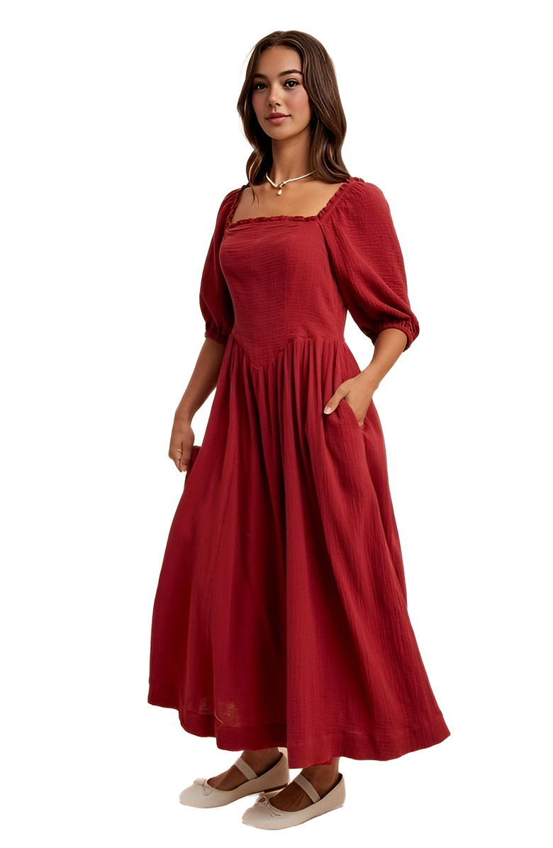 Knit and Lounge Square-Neck Puff Sleeve Midi Dress, Alternate, color, Soft Crimson