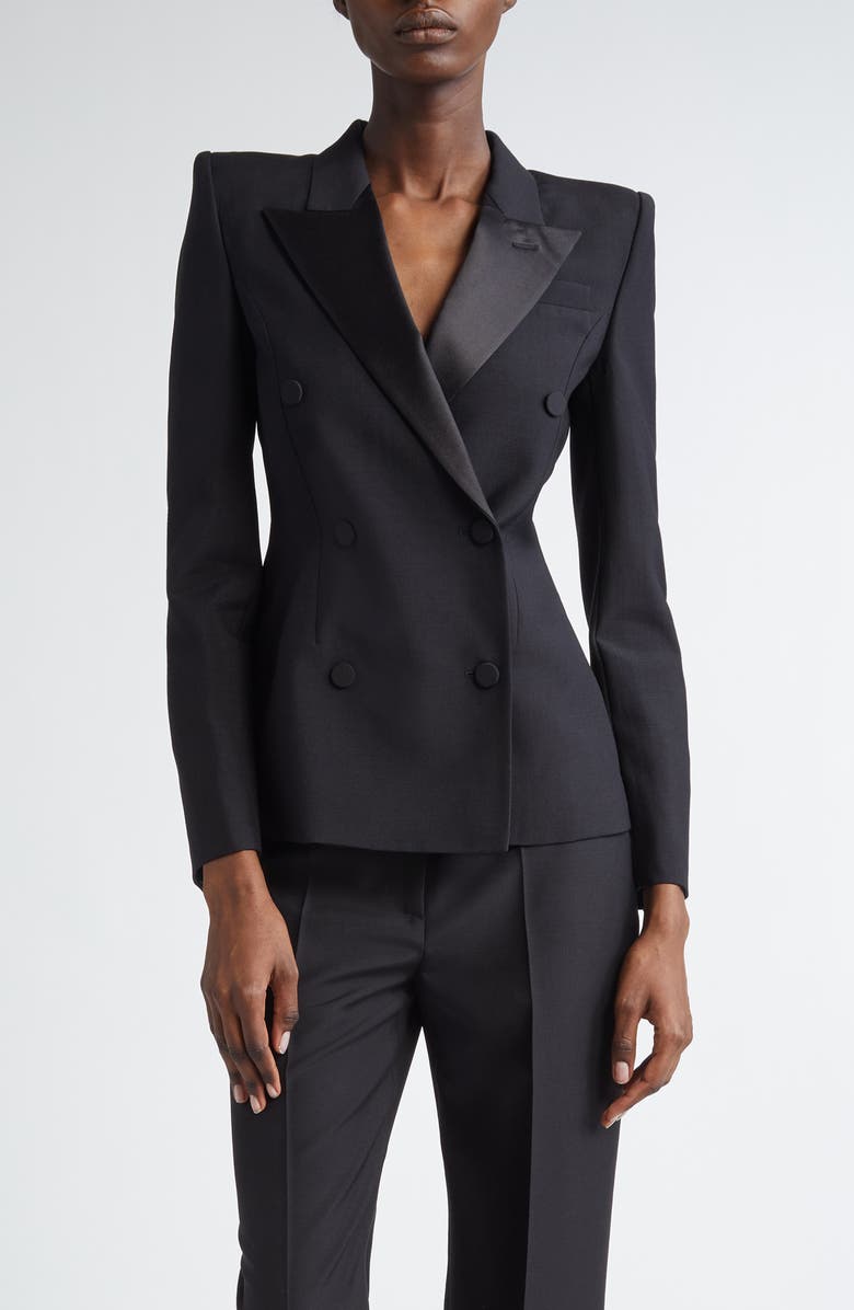 McQueen Stacked Shoulder Wool & Mohair Blazer, Main, color, Black