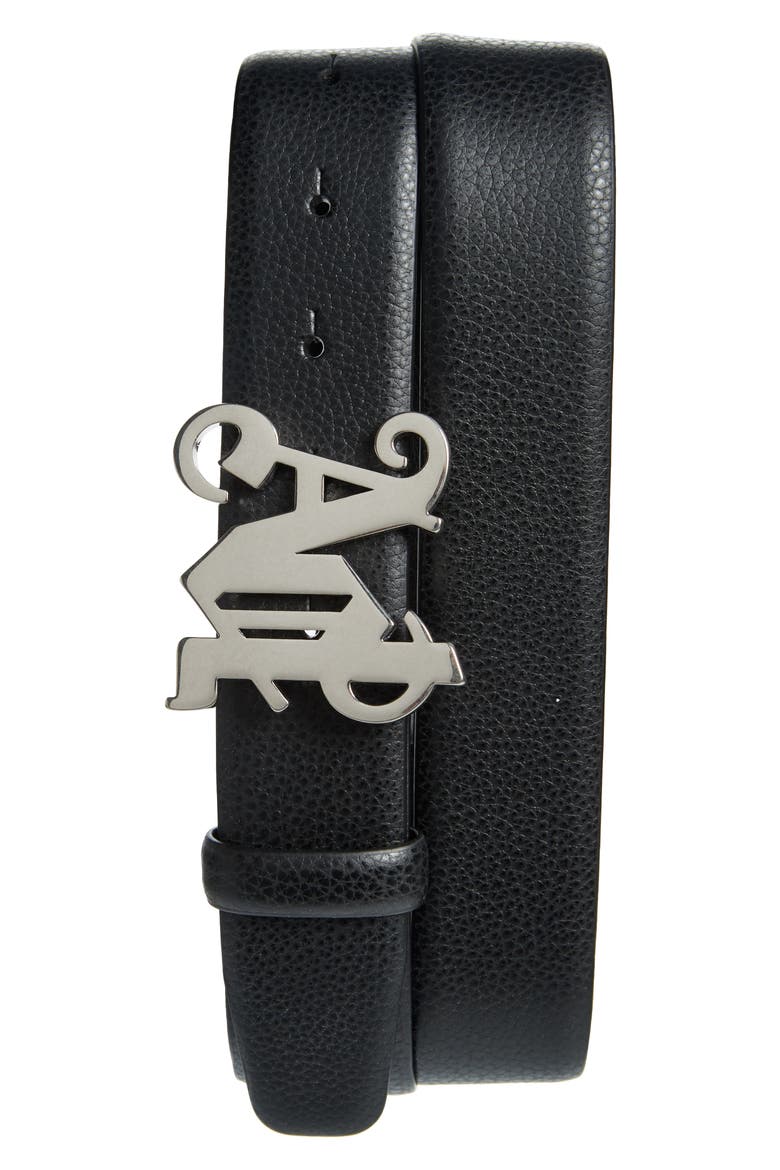 Monogram Buckle Leather Belt, Main, color, BLACK BLACK