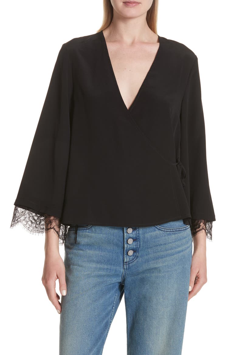 Riona Lace Trim Silk Wrap Blouse, Main, color, BLACK