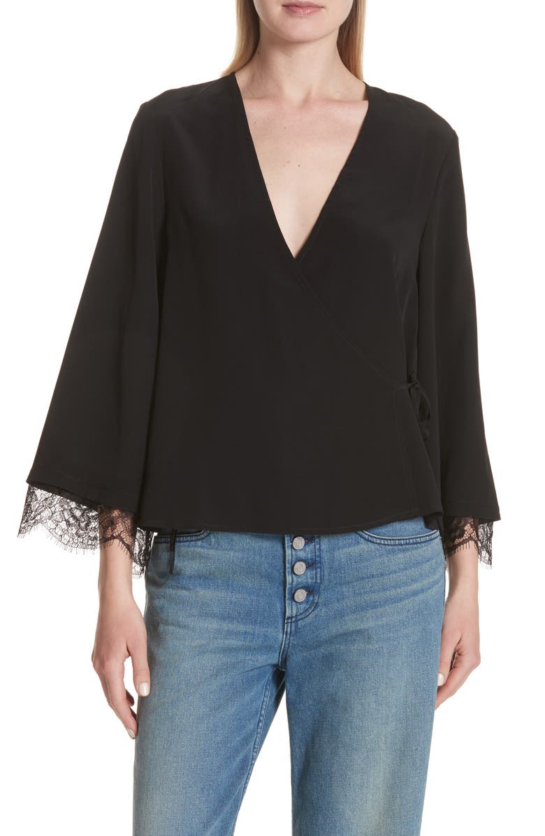 A.L.C. Riona Lace Trim Silk Wrap Blouse, Main, color,