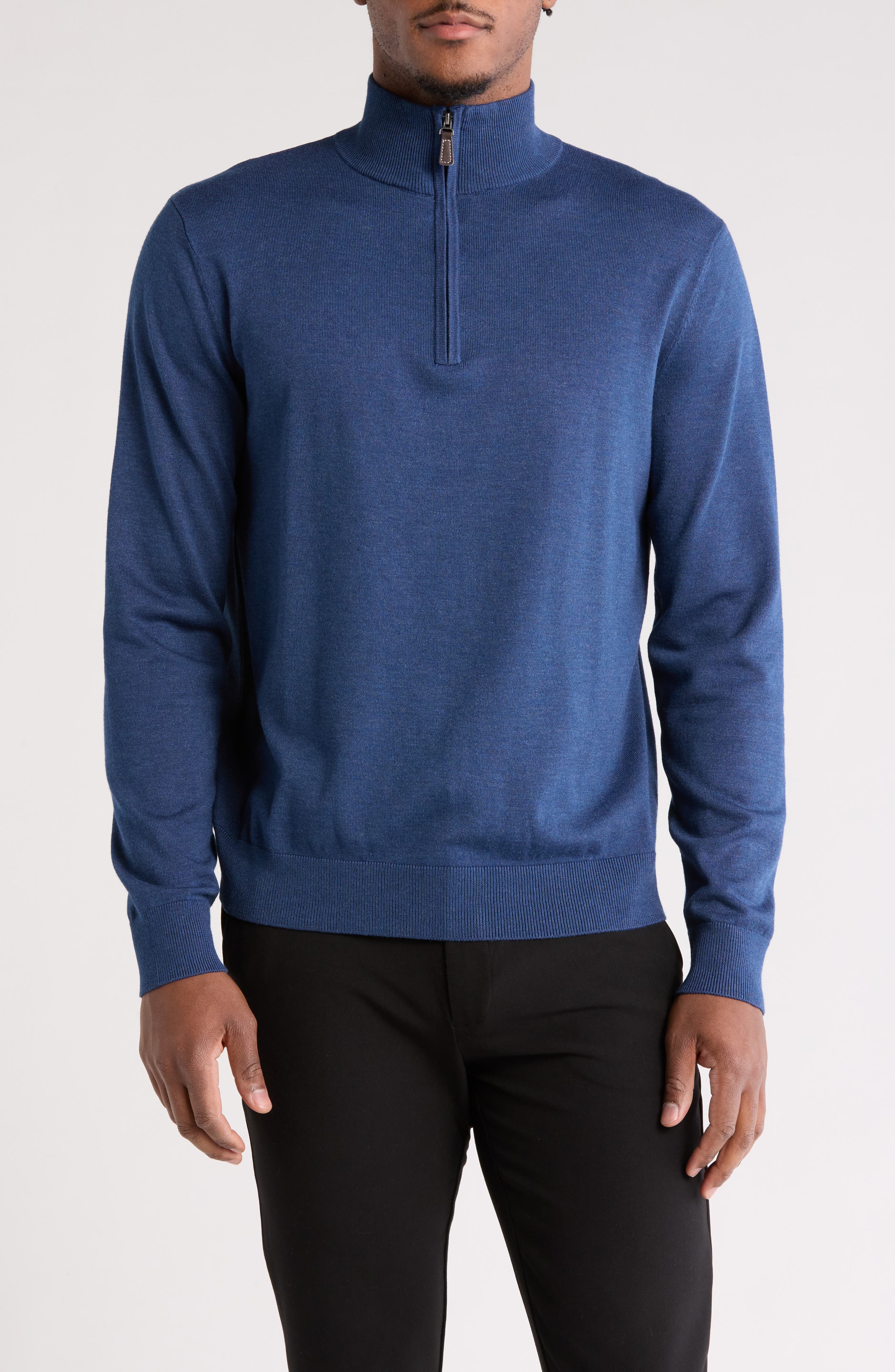 Tom Baine Solid Quarter Zip Pullover In Denim Blue