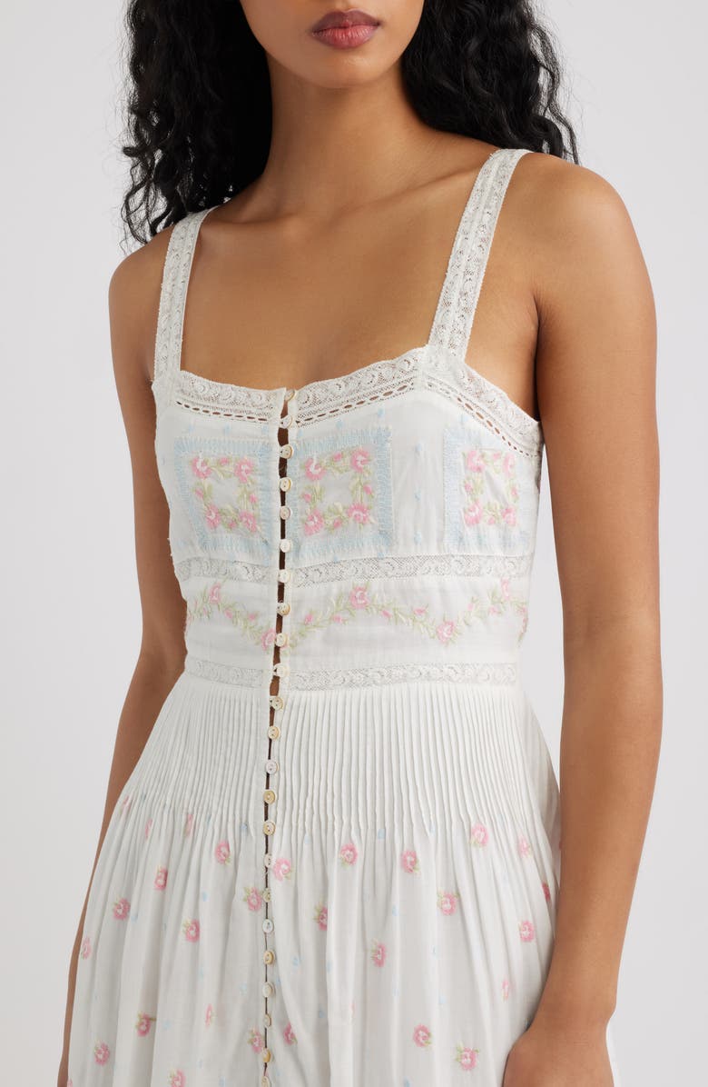 LoveShackFancy Cerys Floral Lace Detail Cotton Maxi Dress, Alternate, color, Optic White