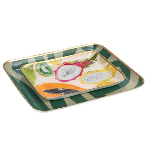Fruit and Abstract Enameled Metal Trays, Set of 2