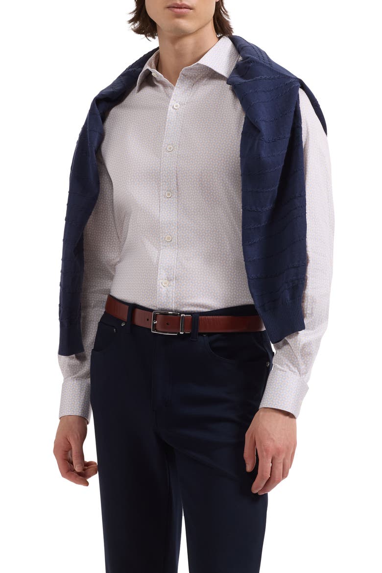 Axel Shaped Fit Geo Print Stretch Cotton Button-Up Shirt, Main, color, ALMOND