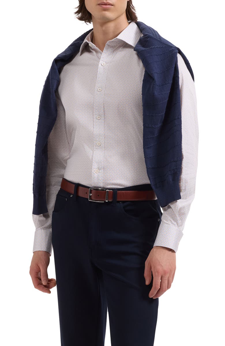Bugatchi Axel Shaped Fit Geo Print Stretch Cotton Button-Up Shirt, Main, color, Almond