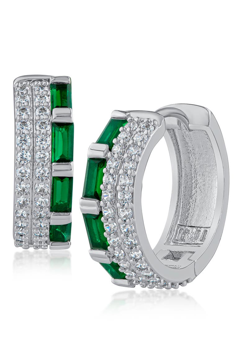 Cubic Zirconia Triple Row Huggie Hoop Earrings, Main, color, GREEN/ SILVER