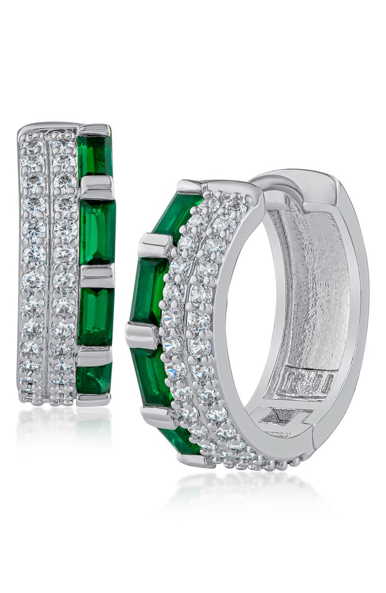 CZ by Kenneth Jay Lane Cubic Zirconia Triple Row Huggie Hoop Earrings, Main, color, Green/ Silver