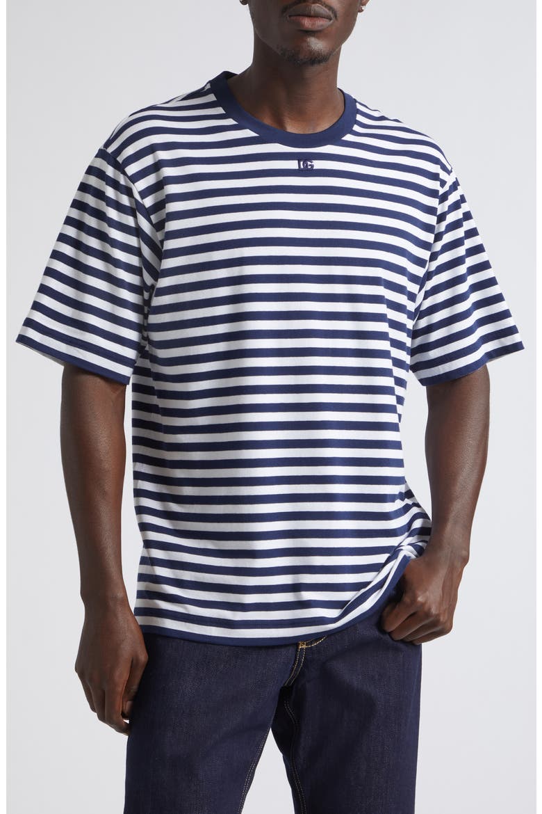 Embroidered Logo Stripe Stretch Cotton T-Shirt, Main, color, RIGATO