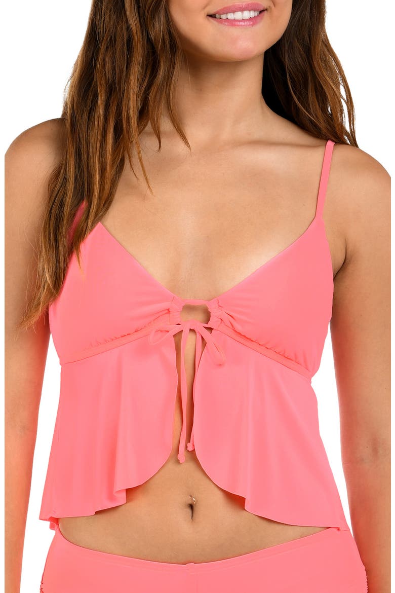 Solid Flutter Tankini Bikini Top, Main, color, HOT PINK