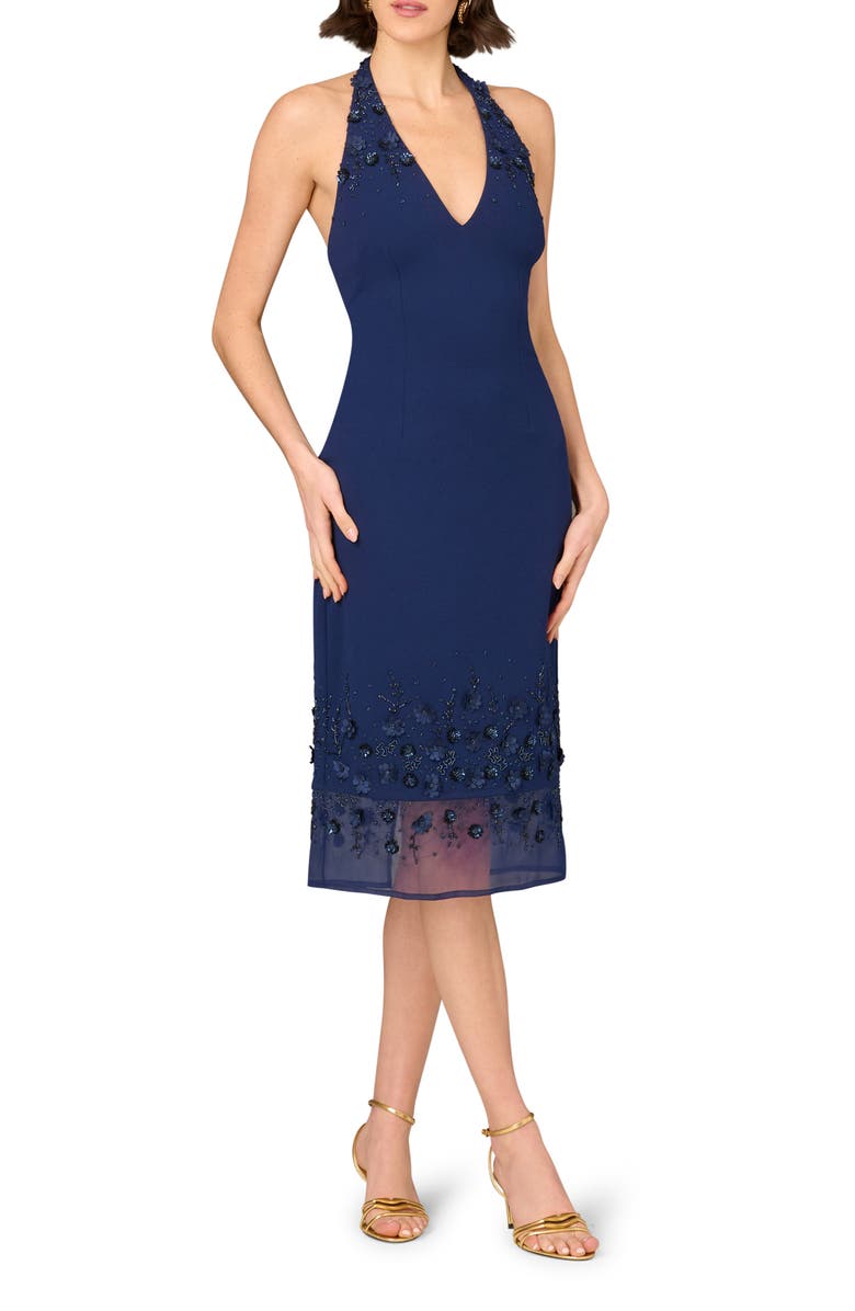 Aidan Mattox by Adrianna Papell Beaded Detail Halter Neck Midi Dress, Main, color, 