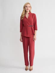 Misook Buckle Detail Crepe Wrap Blouse