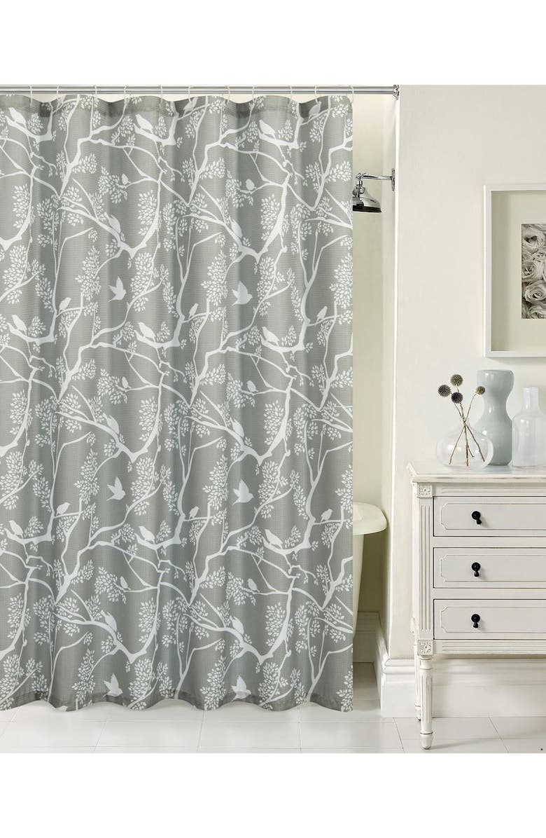 DAINTY HOME Birds Breeze Textured Waffle Weave Shower Curtain, Alternate, color, Silver