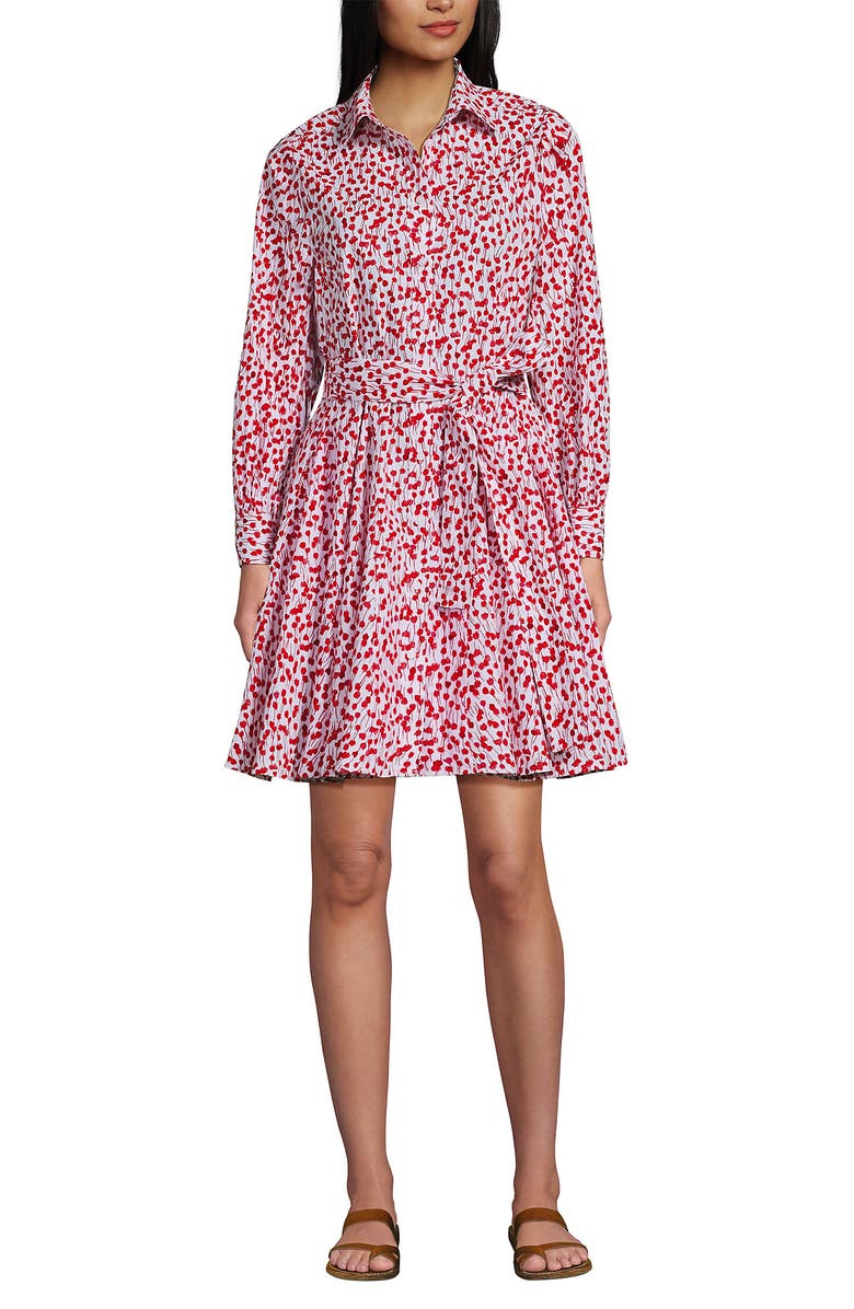 Lands' End Poplin Button Front Dress with Godets, Alternate, color, White/Coral Red Painted Posies