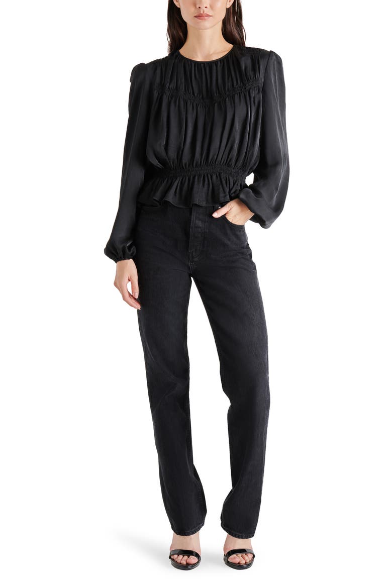 Pyper Ruched Satin Peplum Top, Alternate, color, BLACK