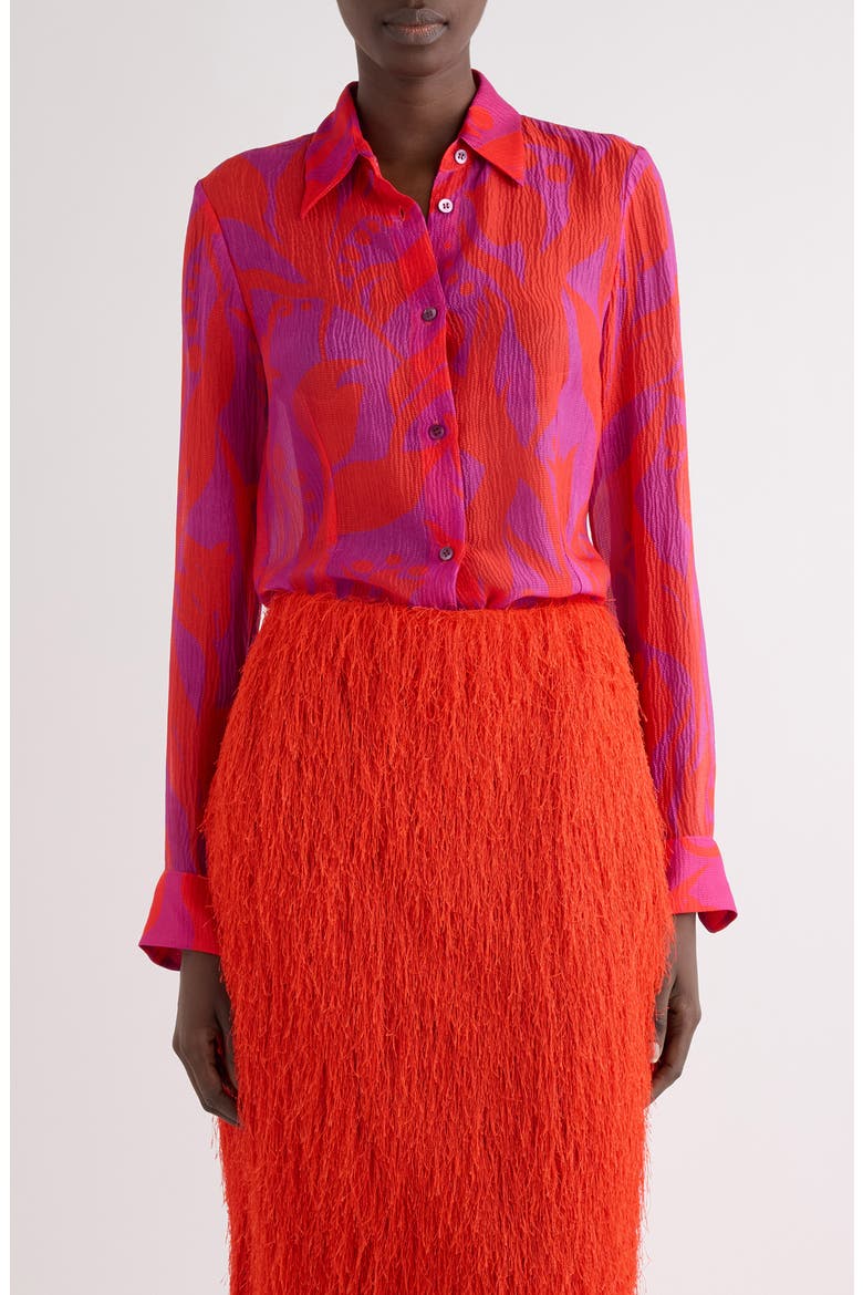 Tropical Tulip Print Silk Button-Up Shirt, Main, color, FUCHSIA