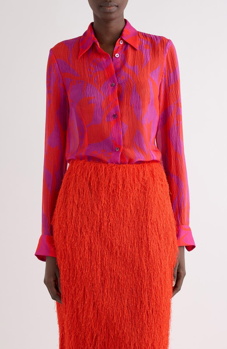Dries Van Noten Tropical Tulip Print Silk Button-Up Shirt, Main, color, Fuchsia