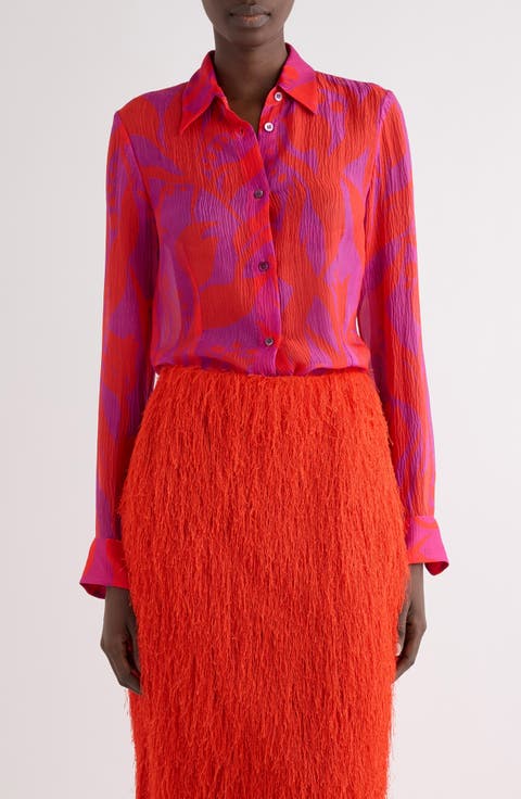 Tropical Tulip Print Silk Button-Up Shirt