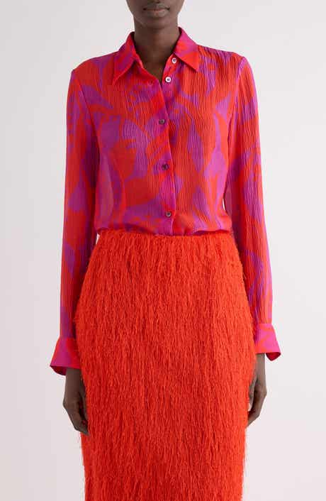 Tropical Tulip Print Silk Button-Up Shirt