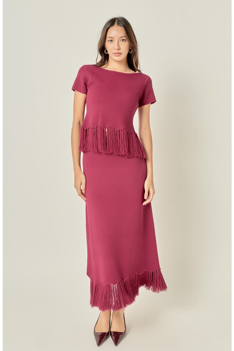Fringe Hem Knit Midi Skirt, Alternate, color, BURGUNDY