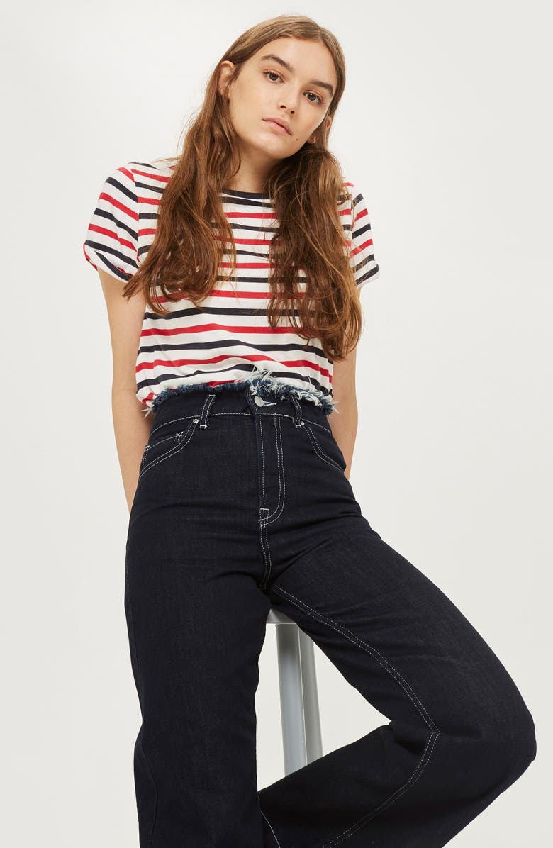 Topshop Frayed Waist Wide Leg Jeans, Alternate, color,