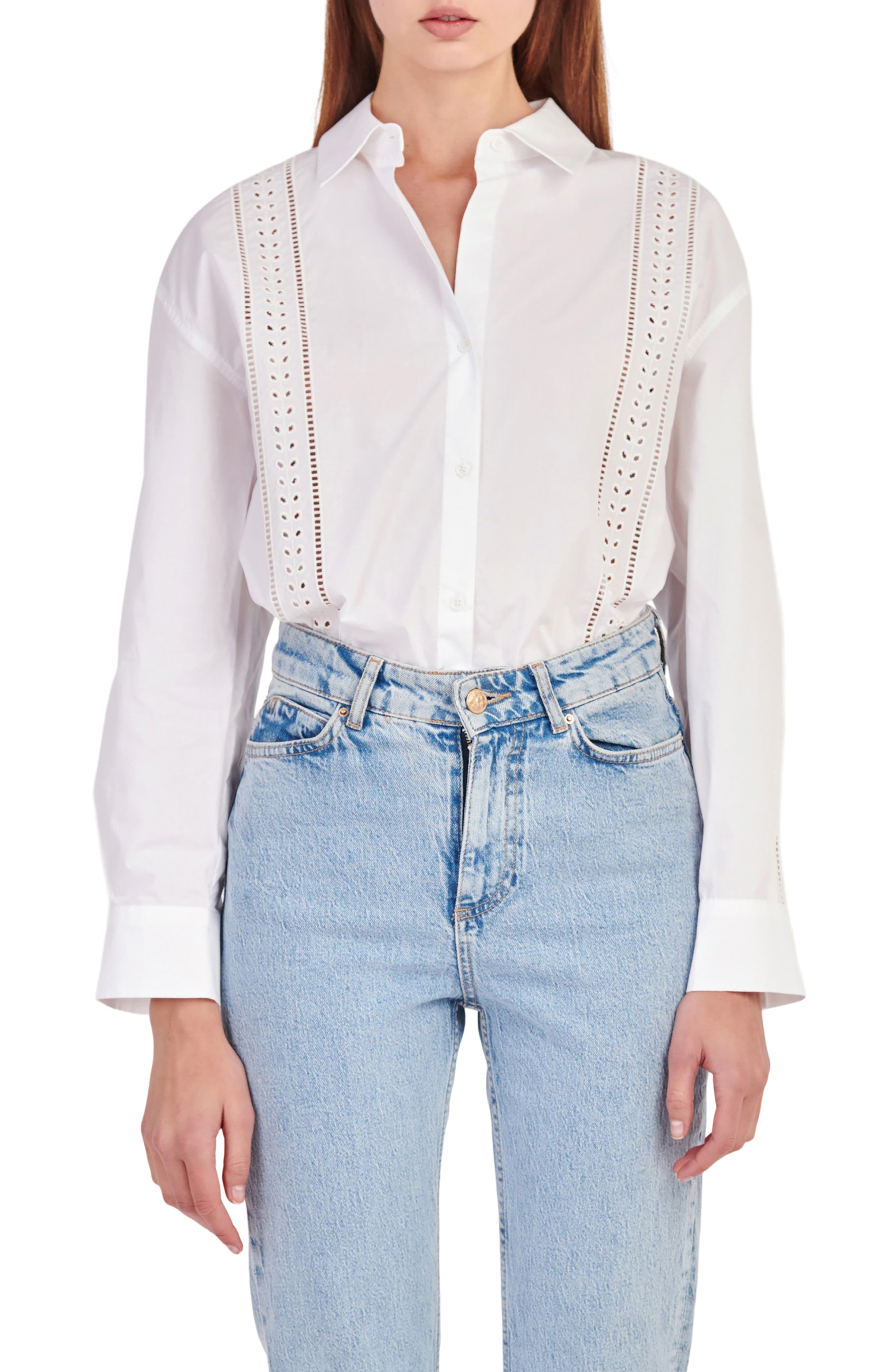 English Factory Eyelet Detail Cotton Button-Up Shirt