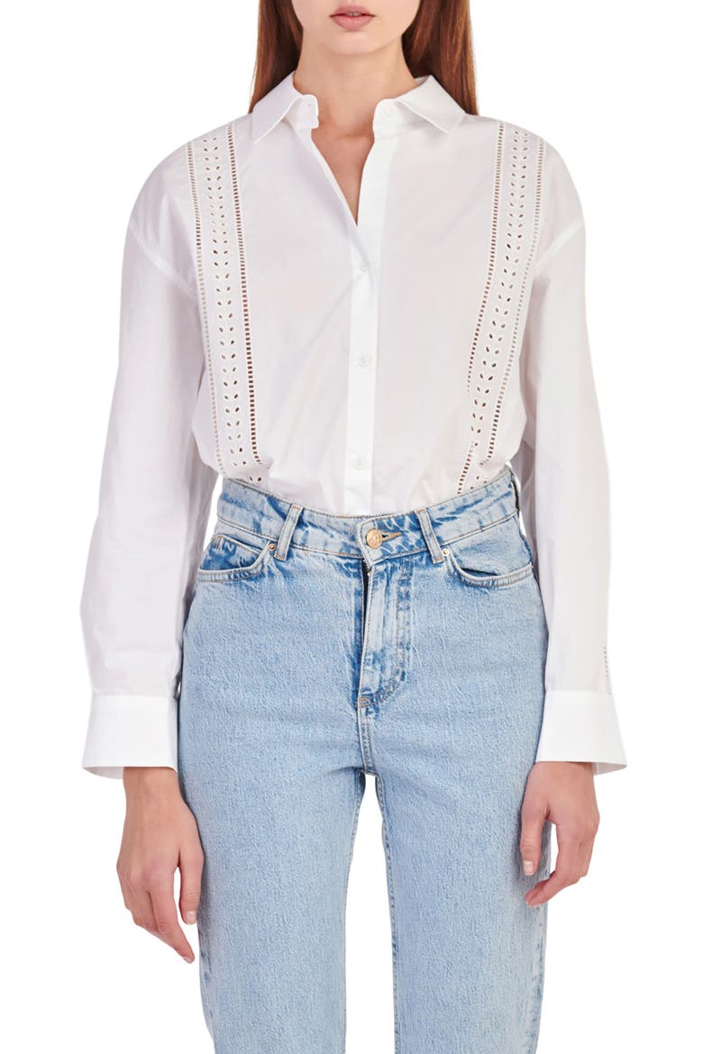 Eyelet Detail Cotton Button-Up Shirt, Main, color, WHITE
