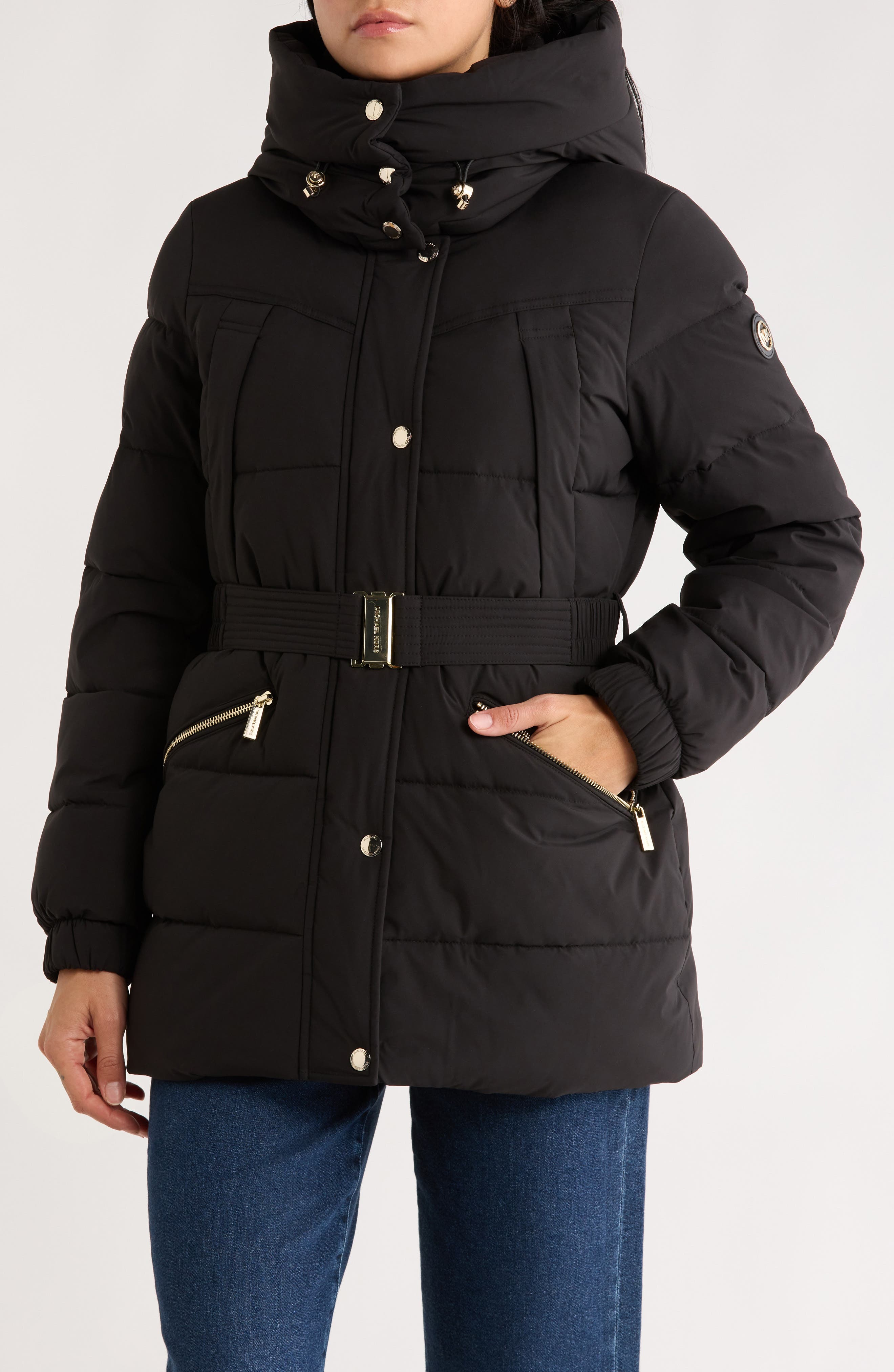 Michael Kors Belted Channel Quilted Hooded Puffer Coat