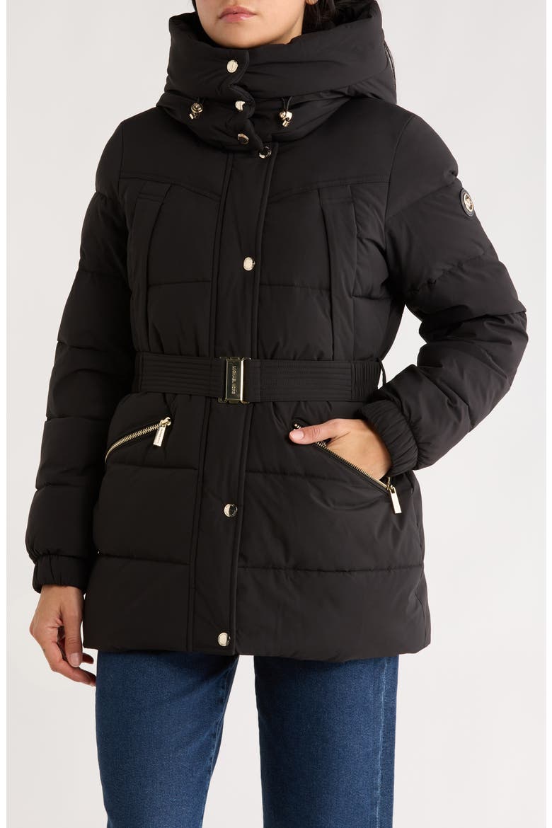 Belted Channel Quilted Hooded Puffer Coat, Main, color, BLACK