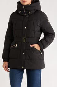 Michael Kors Belted Channel Quilted Hooded Puffer Coat