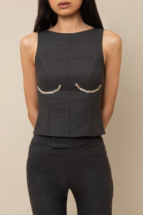 Contessa Mills Cora Elegant Textured Twill Boatneck With Shell Buttons Top In Blue