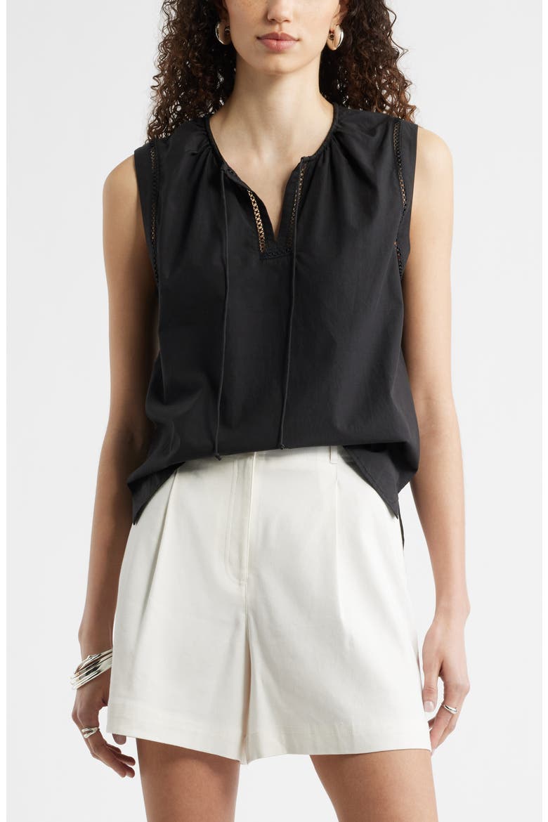 Lace Inset Tie Front Top, Main, color, BLACK