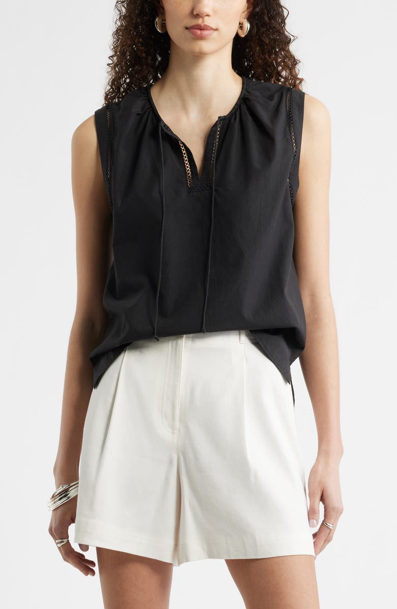 Nordstrom Lace Inset Tie Front Top, Main, color, Black