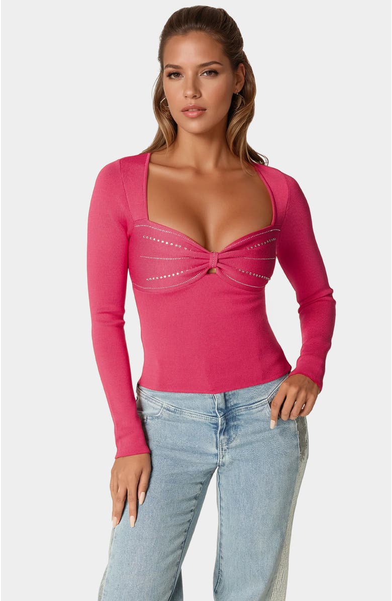 bebe Embelished Long Sleeve Sweater, Main, color, Raspberry