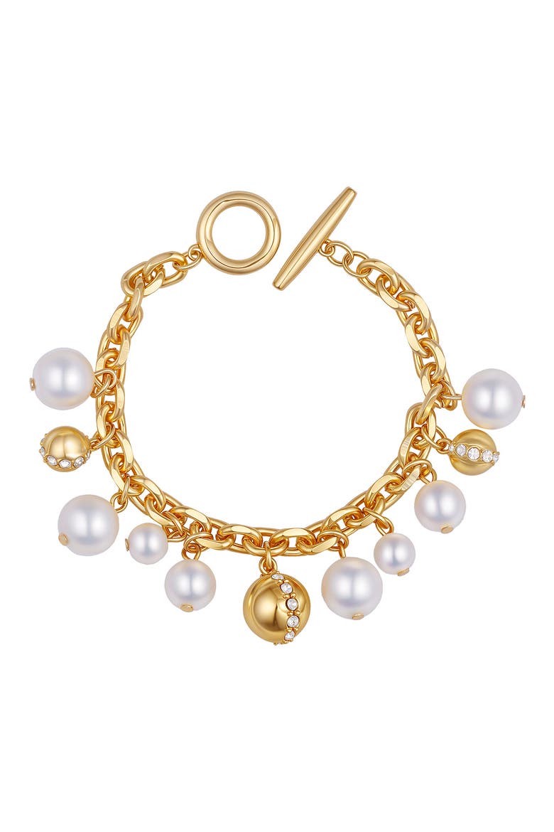 Faux Pearl & Crystal Charm Toggle Bracelet, Main, color, GOLD TONE