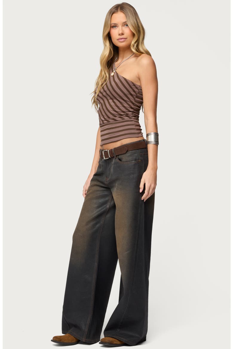 Stripe One-Shoulder Crop Top, Alternate, color, BROWN