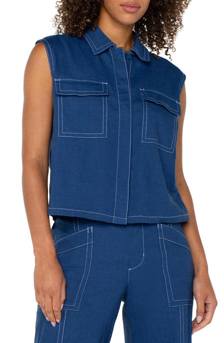 Liverpool Los Angeles Linen Blend Sleeveless Cargo Button-Up Shirt, Alternate, color, 