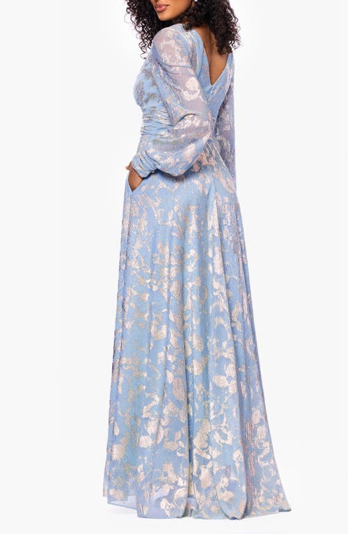 Betsy & Adam Foil Pattern Long Sleeve Gown In Blue