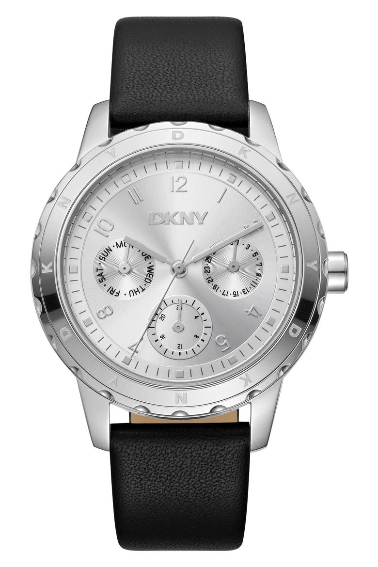 Active Multifunction Leather Strap Watch, 38mm, Main, color, SILVER