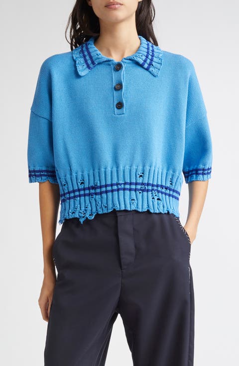 Mending Logo Distressed Boxy Cotton Polo Sweater