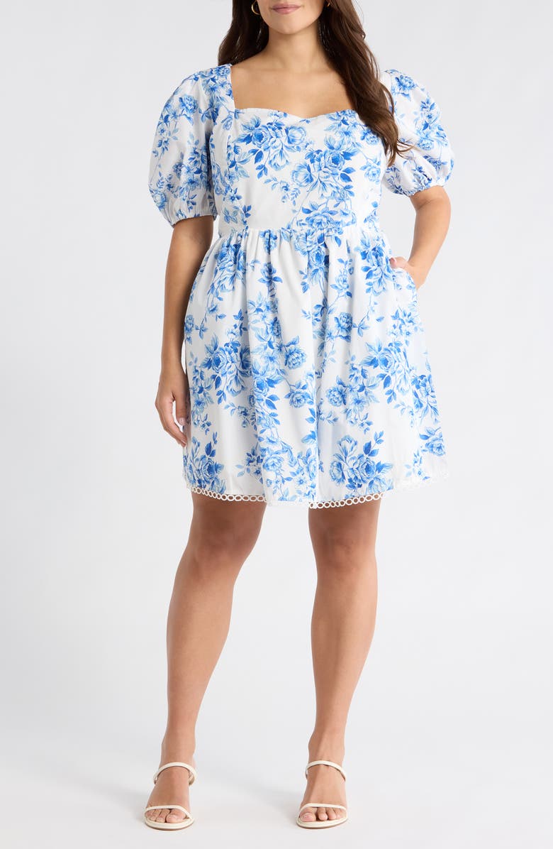 SUGARLIPS Juba Kaly Floral Puff Sleeve Cotton Minidress, Main, color, White Blue