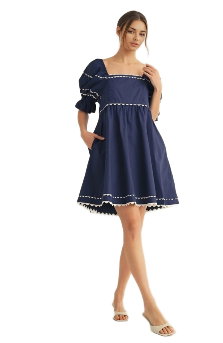 Knit and Lounge Puff-Sleeve Contrast Trim Mini Dress, Alternate, color,