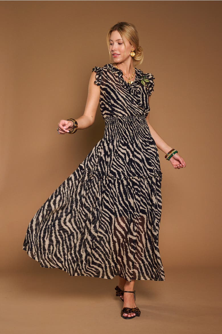 Printed Silk Georgette Dress With Palm Embroidery, Alternate, color, Black / Sand