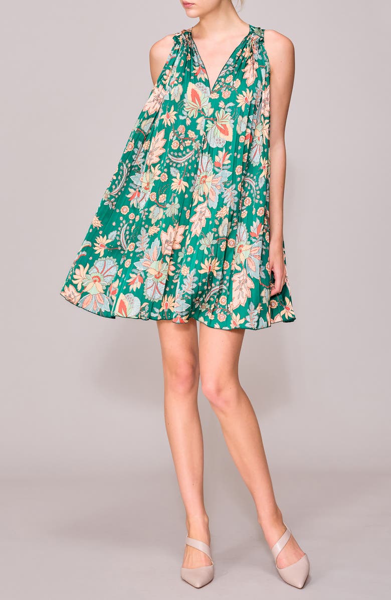 MELLODAY V-Neck Sleeveless Pleated Satin Minidress, Main, color, 